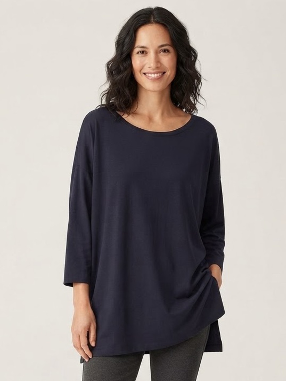Eileen Fisher Sz XL Navy Minimalist Lagenlook Classic Relaxed Tunic Top